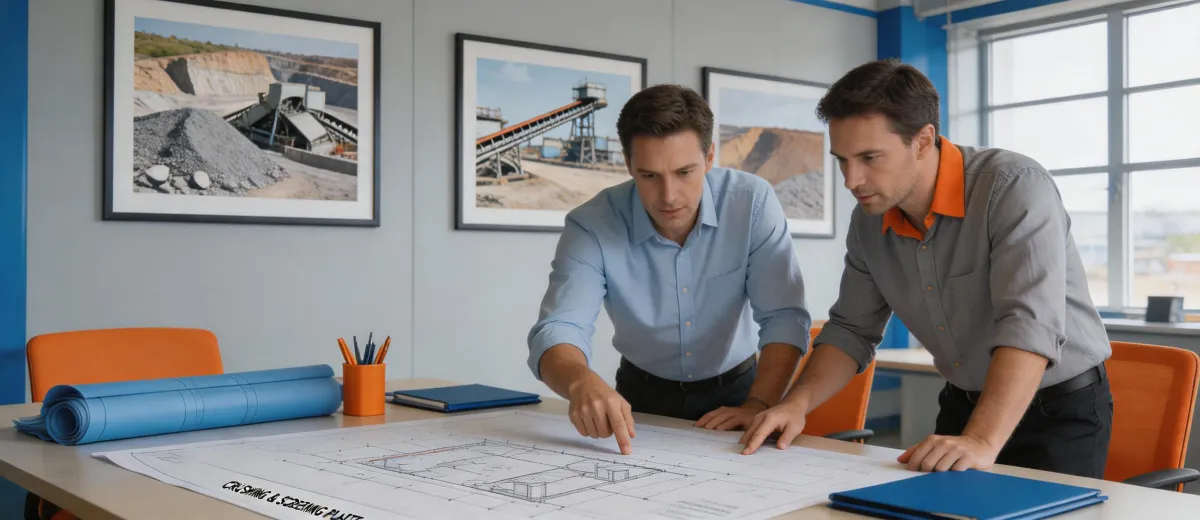 Equipment advisors reviewing crushing plant drawings
